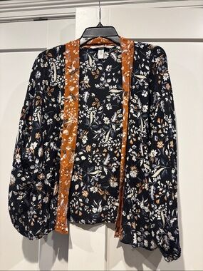 Michael Stars Black Floral Kimono with Rust Trim